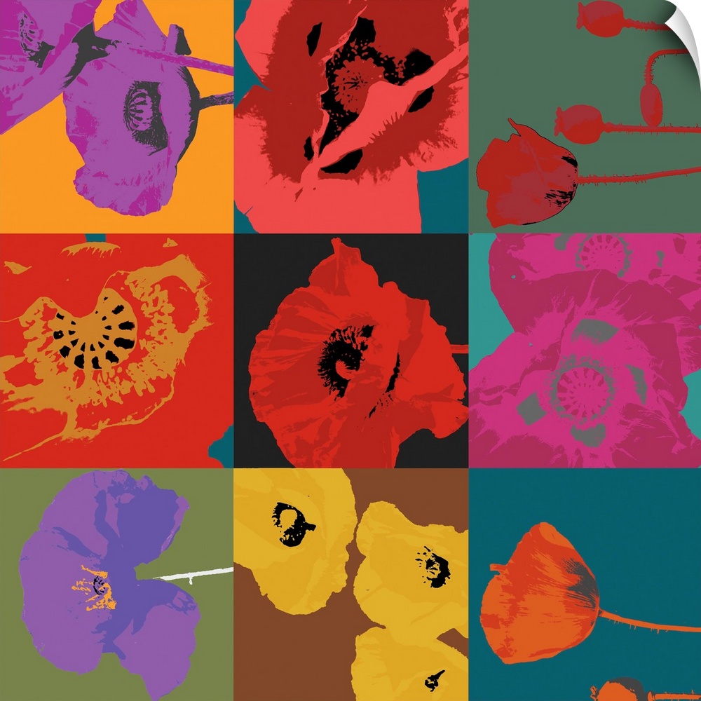 Modern artwork of bright colored poppies in a nine square design.