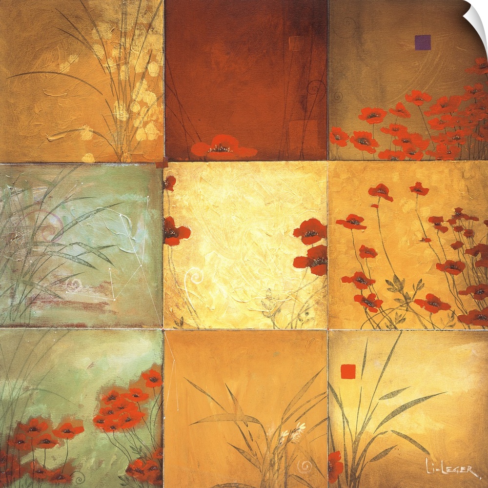 Square painting of nine images of poppies in different colors and views.