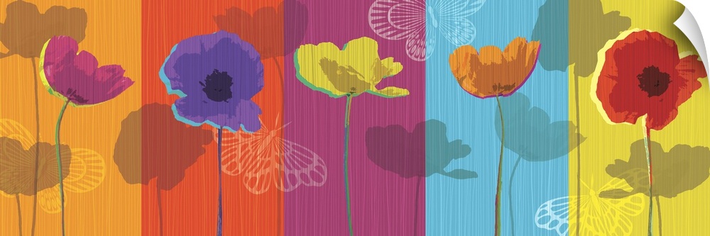 A long horizontal design of different colored poppies with white butterflies against bright colored panels.