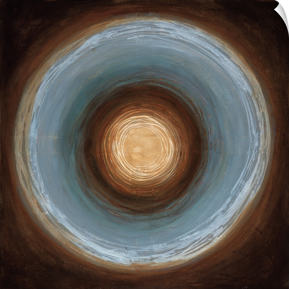 A square painting of textured circular rings in brown and blue with white accents.