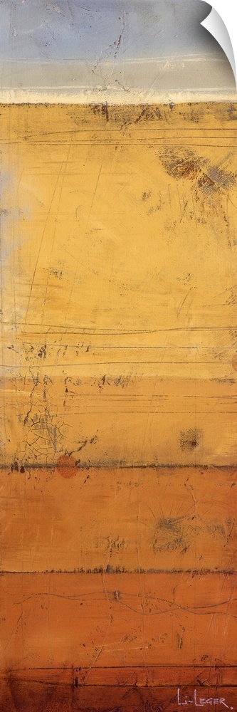 A long vertical abstract is textured shades of orange, yellow and gray.