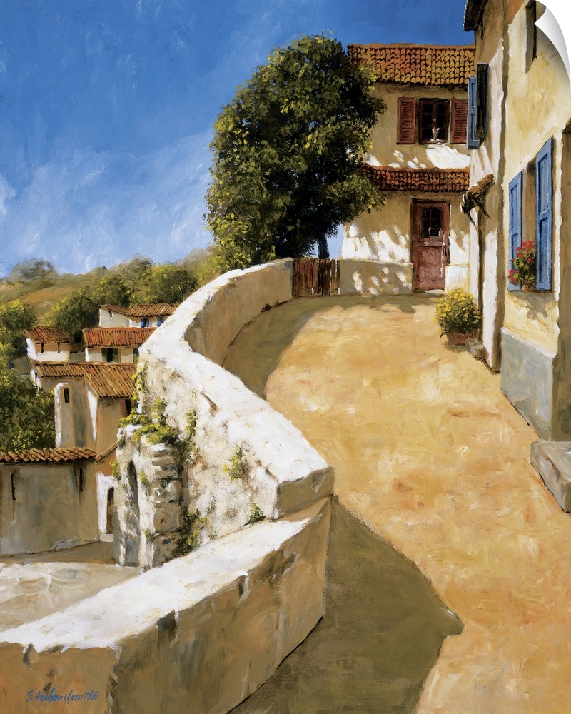 Painting of a walkway in a European village.