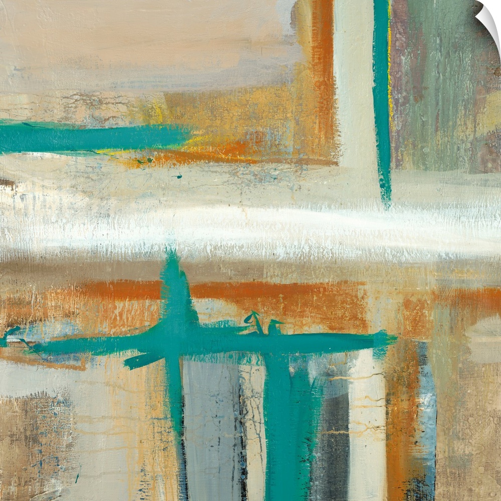Square abstract painting of horizontal and vertical brush strokes in shades of teal, brown, gray and beige.