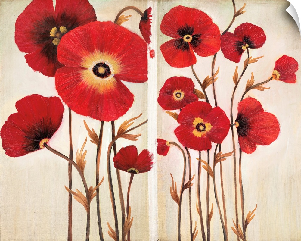 Horizontal painting of a group of red flowers against a neutral backdrop.