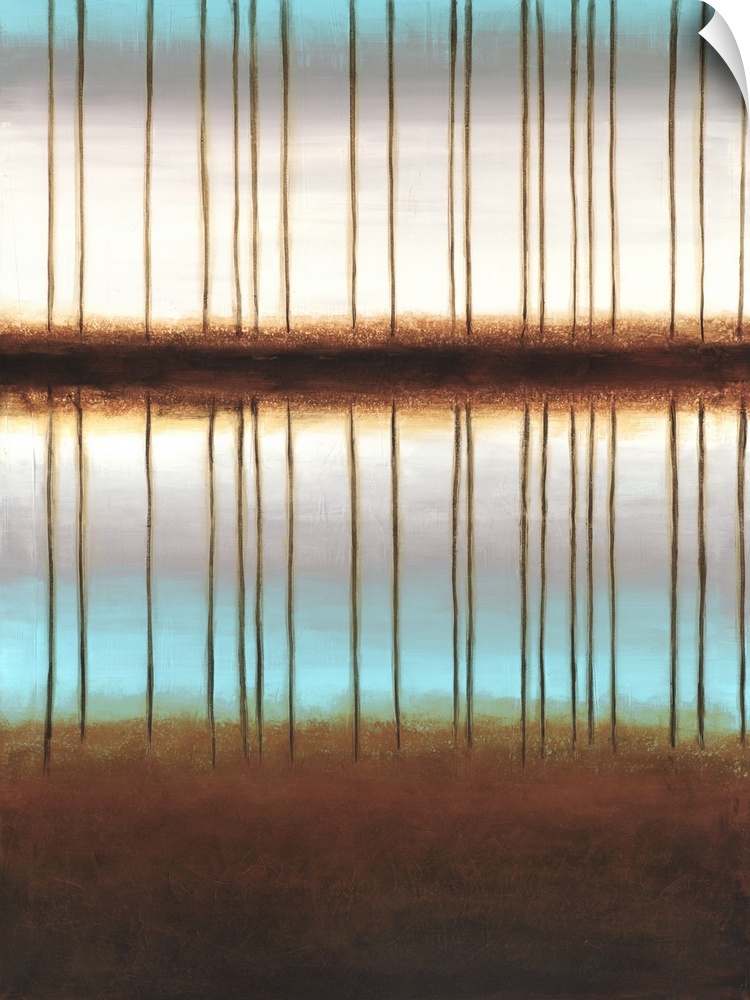 Vertical painting of a row of bare trees reflecting in a clear body of water in hues of brown, blue and gray.