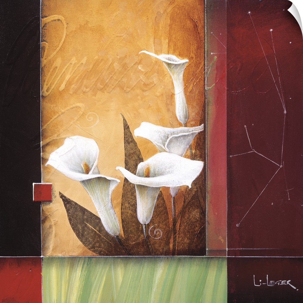 A contemporary painting of Calla Lilies bordered with a square grid design.