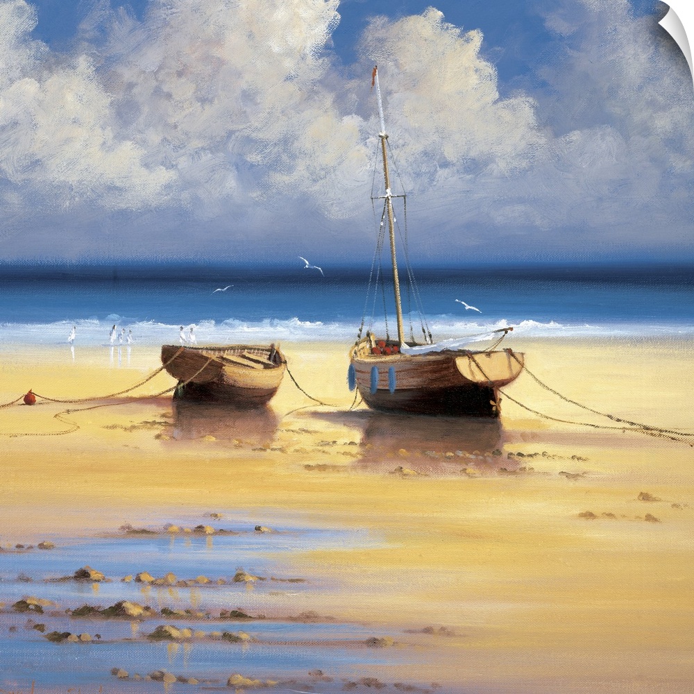 Contemporary painting of two boats moored on a sandy beach.