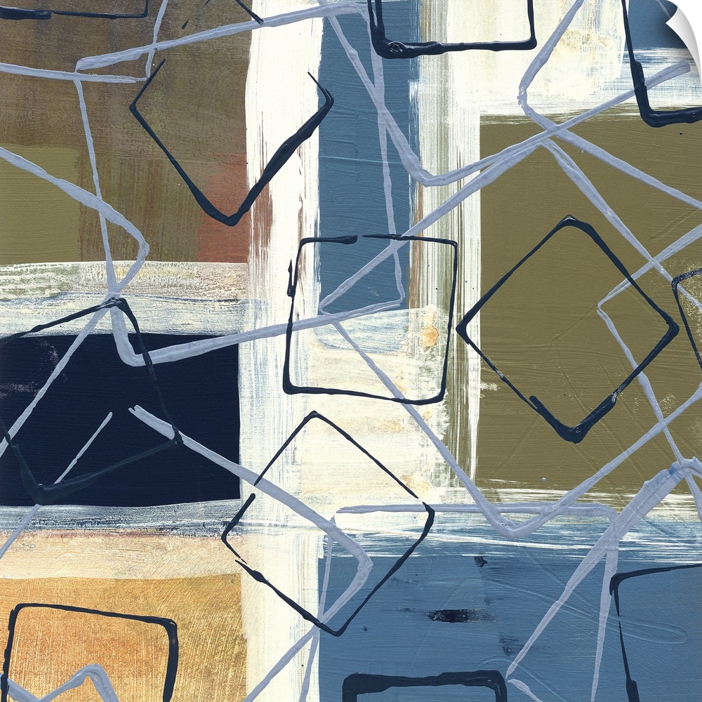 Abstract painting of squared shapes outlined in white brush strokes and overlapped with layers of gray and dark blue boxes.