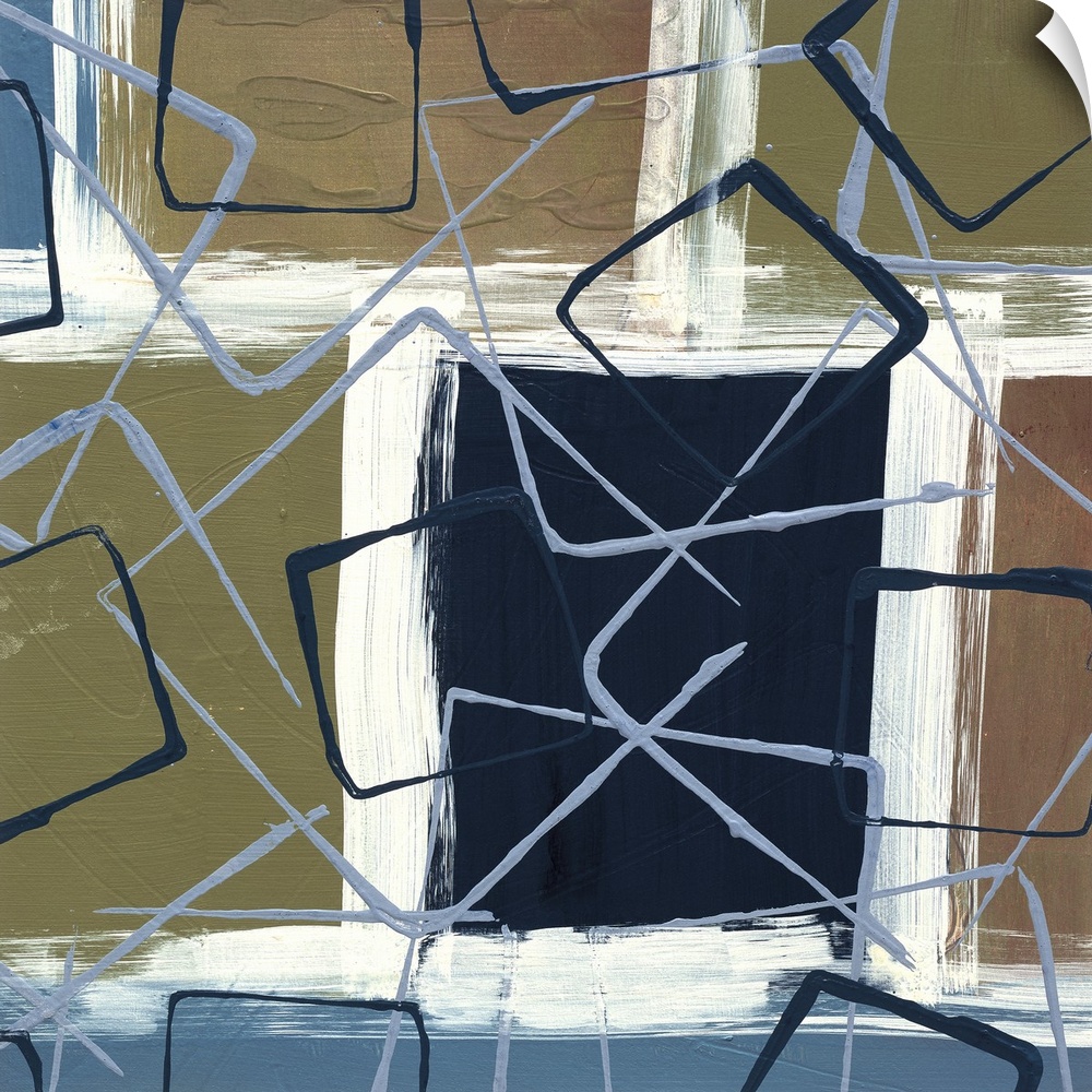 Abstract painting of squared shapes outlined in white brush strokes and overlapped with layers of gray and dark blue boxes.