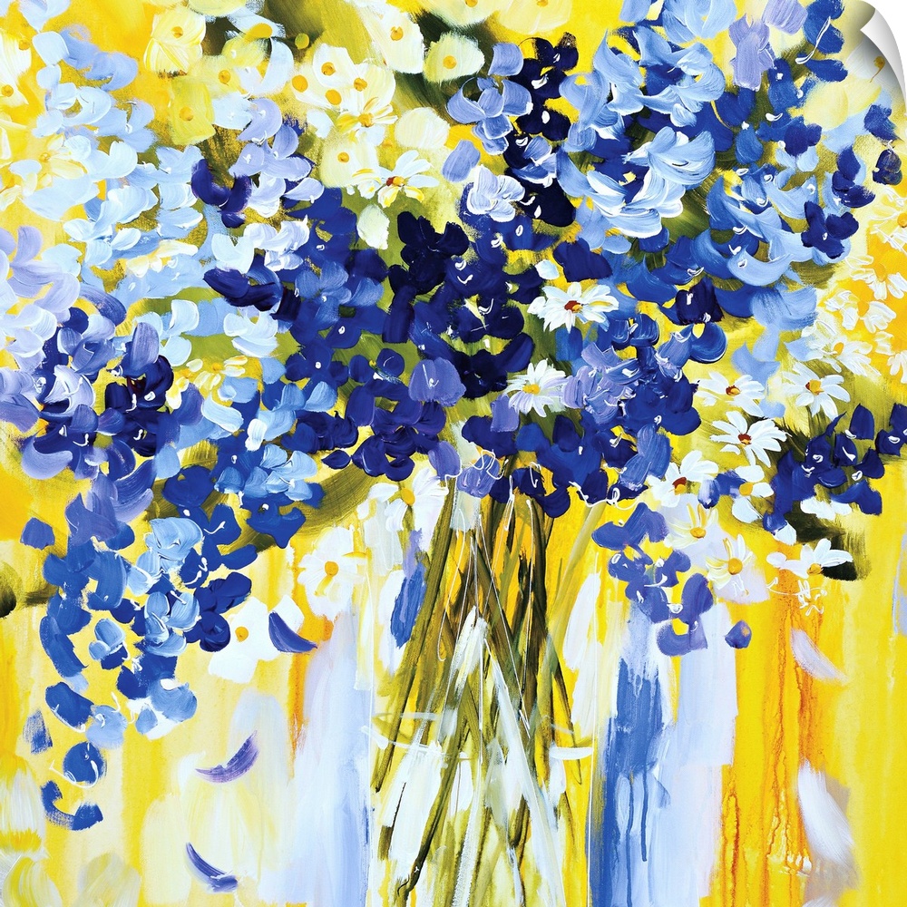 Square painting of blue and white blooms on a bright yellow background.