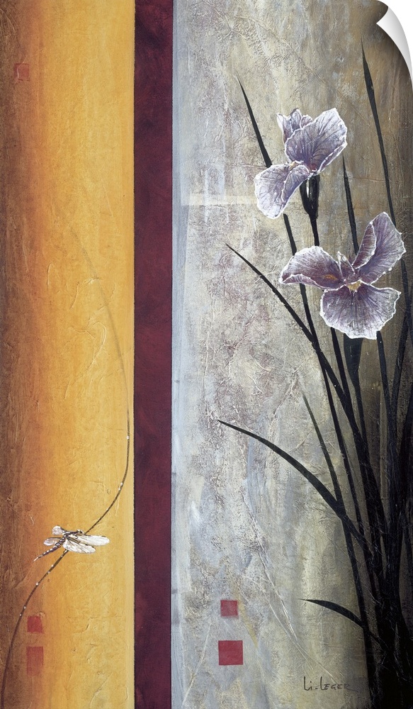 A contemporary painting of purple irises and a border on the left with a dragonfly.