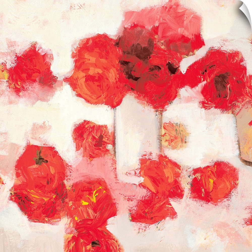 Square painting of red flowers against a white backdrop.  The textured paint gives helps the flowers blend with the backgr...