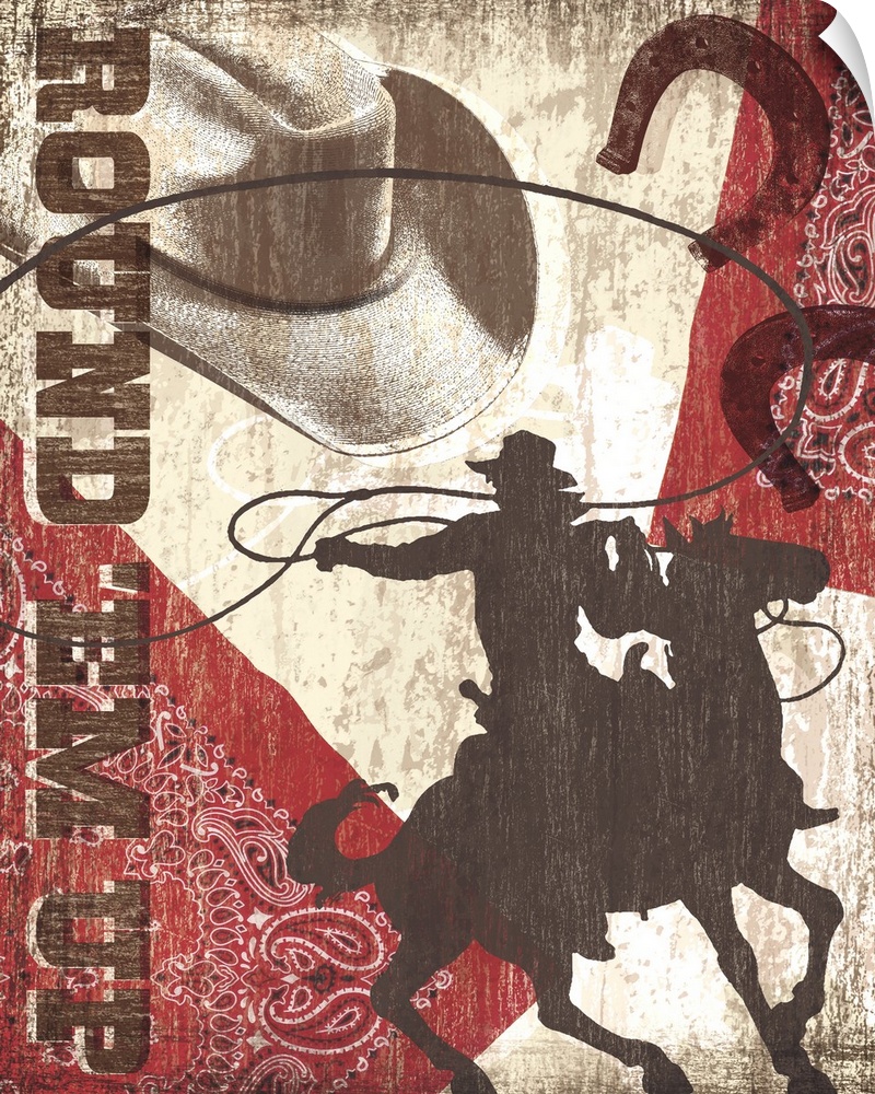 "Round'Em Up" artwork with cowboy hat, horseshoes, bandana and a man riding a horse.