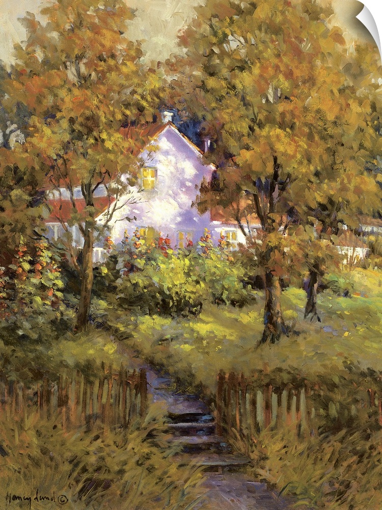A contemporary painting of a white house with a wooded fence in the countryside.
