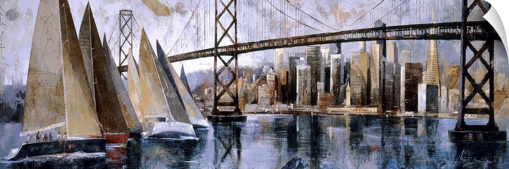 A horizontal painting of sail boats on the bay with the San Francisco cityscape behind.