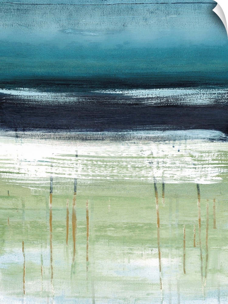 A modern abstract landscape of a beach scene in bold brush strokes of  gray green and blue.