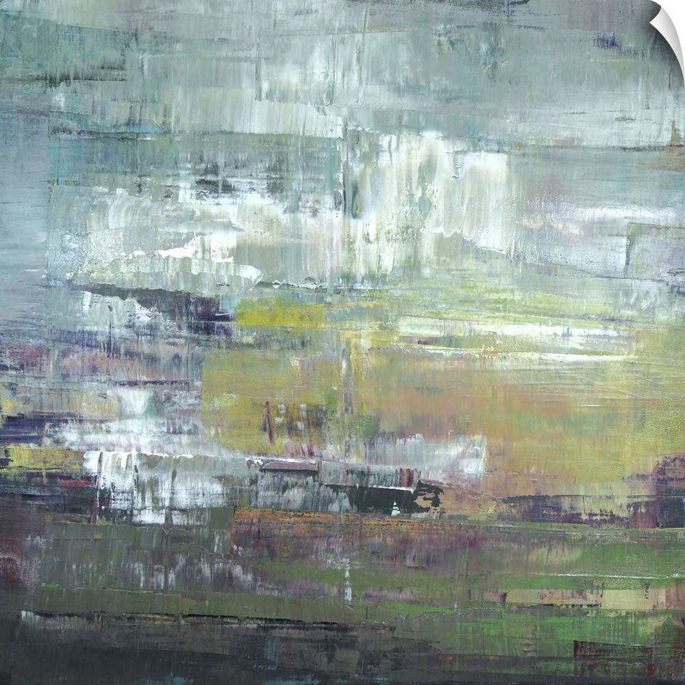 Square abstract painting in shades of green and gray.