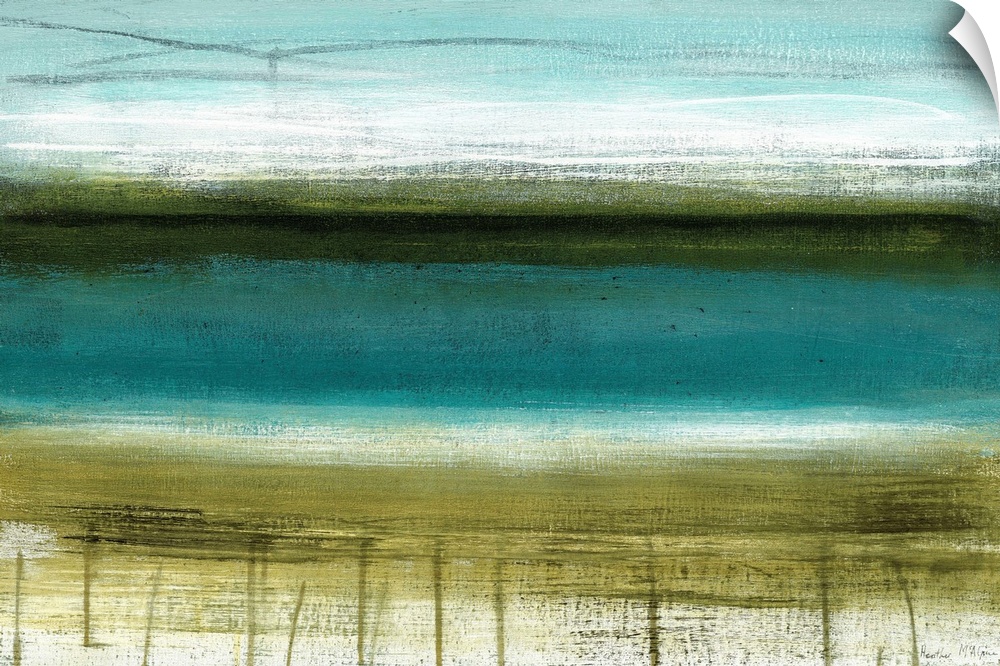 A modern abstract landscape of a beach scene in bold brush strokes of  gray, green and blue.