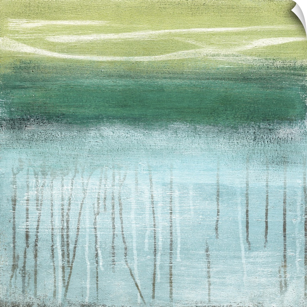 A modern abstract landscape of a beach scene in bold brush strokes of green and blue with drips of gray below.