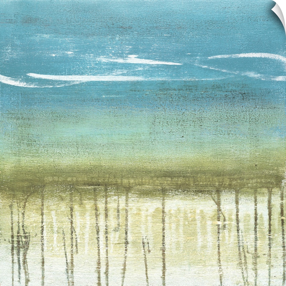 A modern abstract landscape of a beach scene in bold brush strokes of green and blue with drips of gray below.