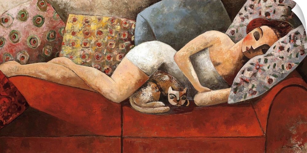 A horizontal portrait of a woman laying on a red couch with a cat, painted with cubism elements.