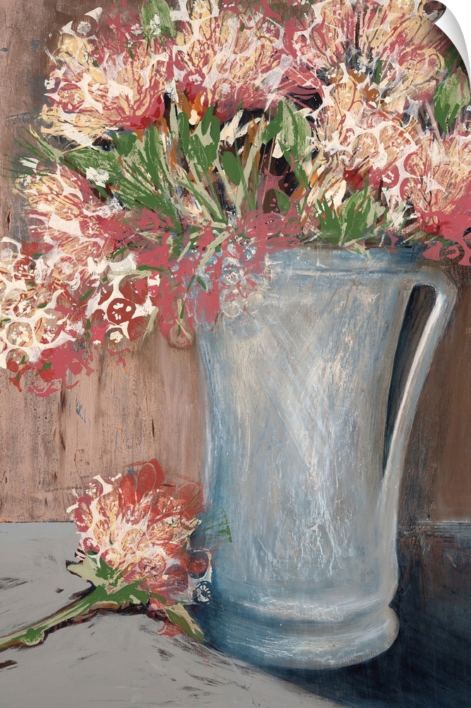 A modern painting of a vase of flowers done in layers of paint with a circular design on the top layer.