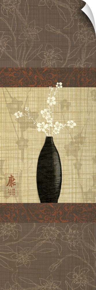 A black vase with white flowers along a floral patterned background with a weaved textured overlay.