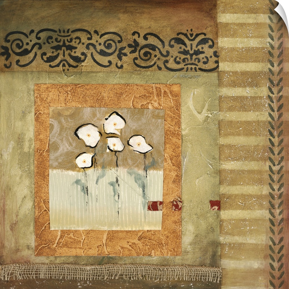 A mixed media design of white flowers framed by a gold box which is bordered on two sides by a floral and striped design.