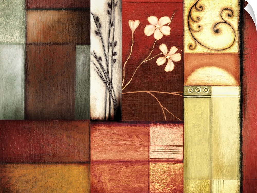A horizontal painting of a series of joined boxes of different colors with elements of flowers and scroll designs throughout.