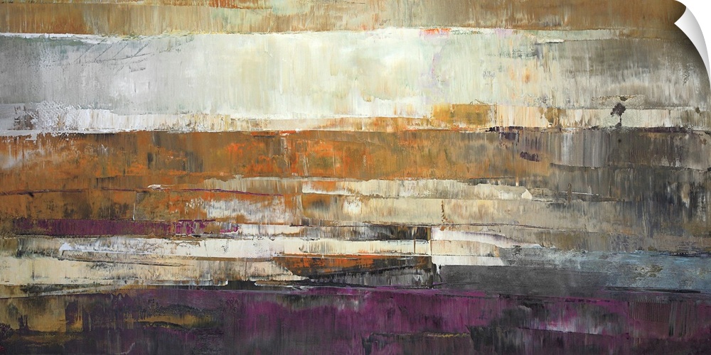 A horizontal painting of multiple muted colors in the appearance of textured wood planks.