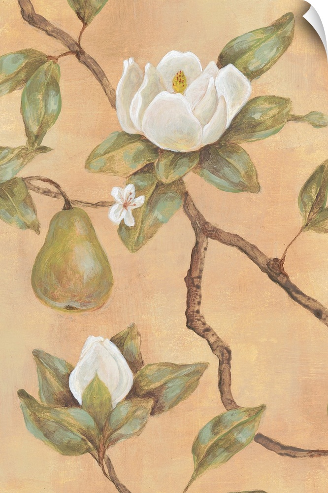 Decor artwork of white blossoms and green pears on a tree branch on a warm backdrop.