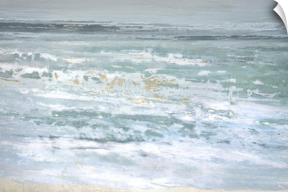 A modern abstract landscape of a beach scene in bold brush strokes of white, gray and teal.