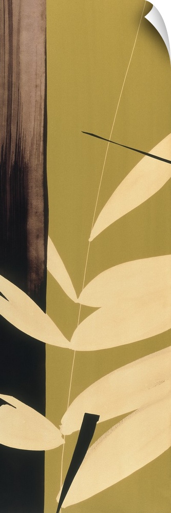 A long vertical painting in a modern design of leaves on a green backdrop.