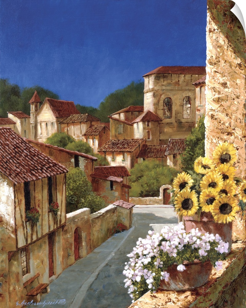 A vertical complementary painting of buildings of stone and terracotta in a village in Europe.