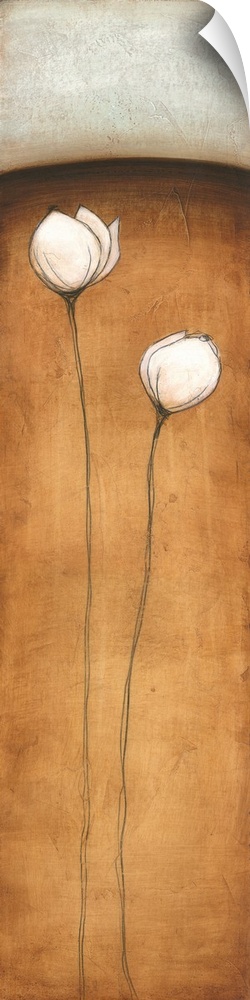 A long contemporary painting of white flowers against a neutral backdrop.