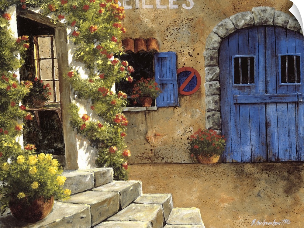 Painting of a No Parking sign next to a blue door in a European village.
