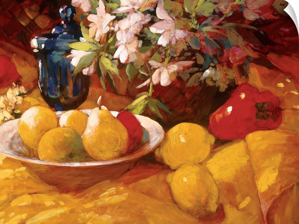 A contemporary still life of a vase of flowers with a bowl of lemons and pears on a table.
