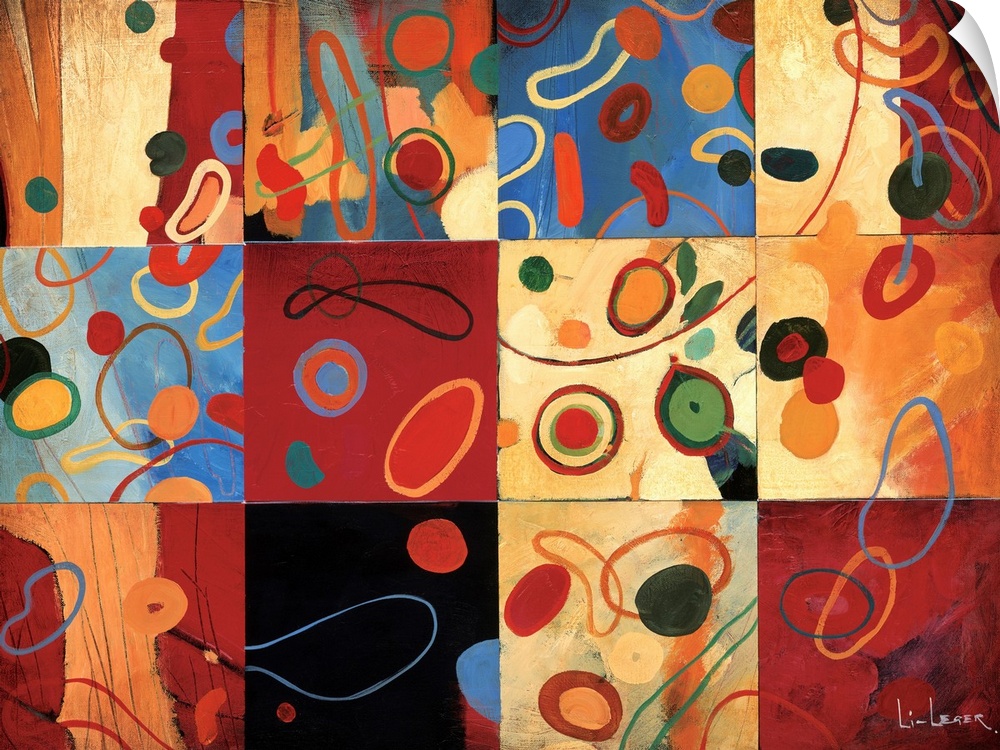 Painting of multi-colored circular shapes on different colored backgrounds in a square grid design.