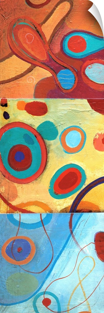 Vibrant abstract painting in curved and circular shapes in colors of red, blue and orange.