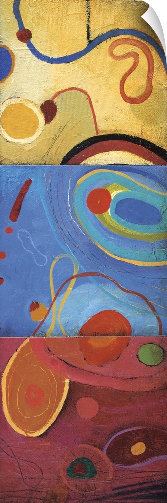Vibrant abstract painting in curved and circular shapes in colors of red, blue and yellow.