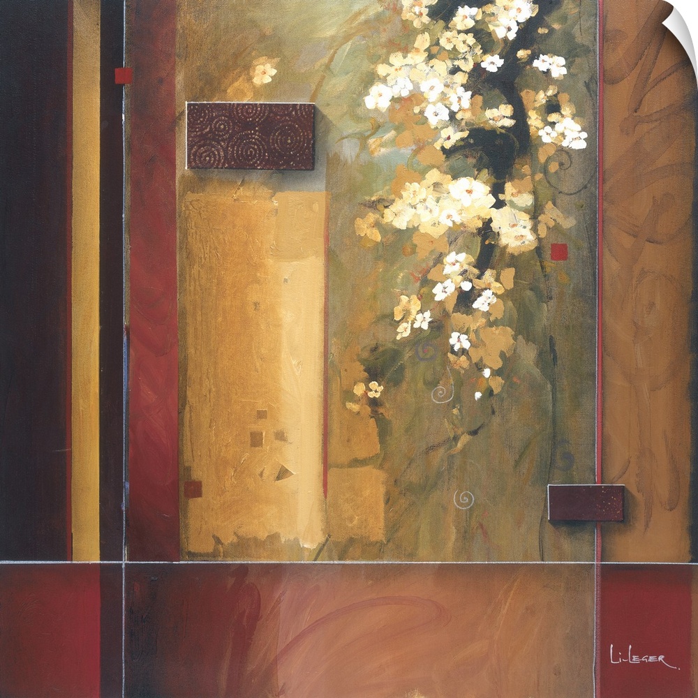 A contemporary Asian theme painting with cherry blossoms with a square grid design.