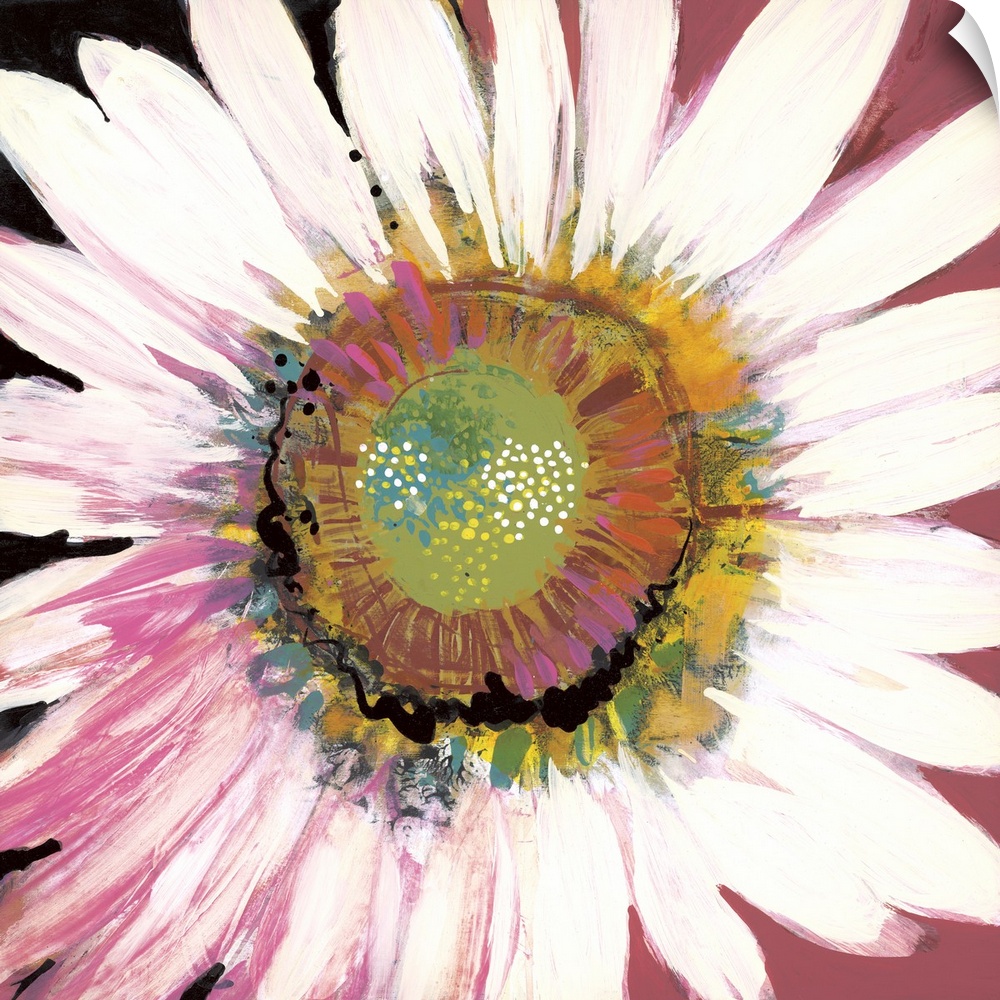 Square contemporary painting of a large blooming flower with textured colors of pink, yellow and white.