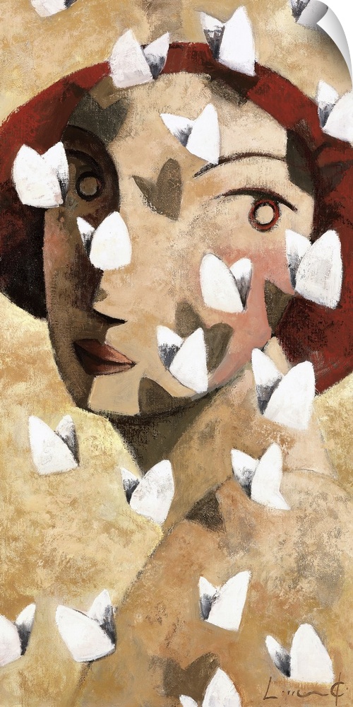 A vertical portrait of a woman looking over her shoulder with white butterflies flying around her, painted in a cubism style.