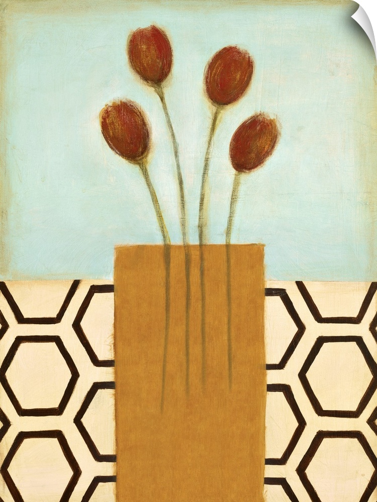 Vertical painting of a vase of red tulips with modern patterned backdrop.