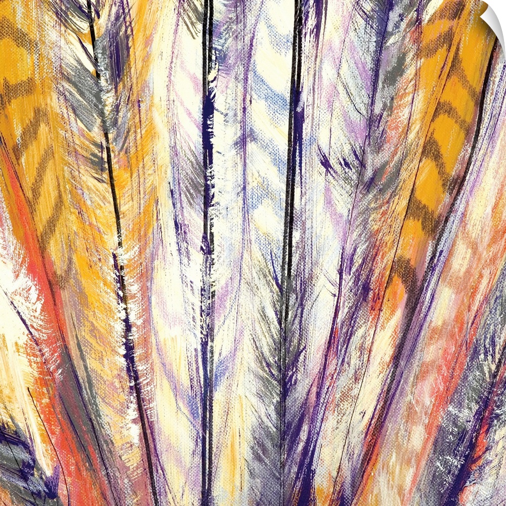 A colorful painting of a bunch of bird feathers.