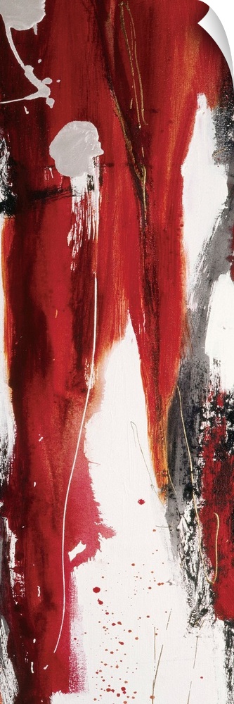A long vertical abstract in colors of black, red and white with drips of paint and gold accents.