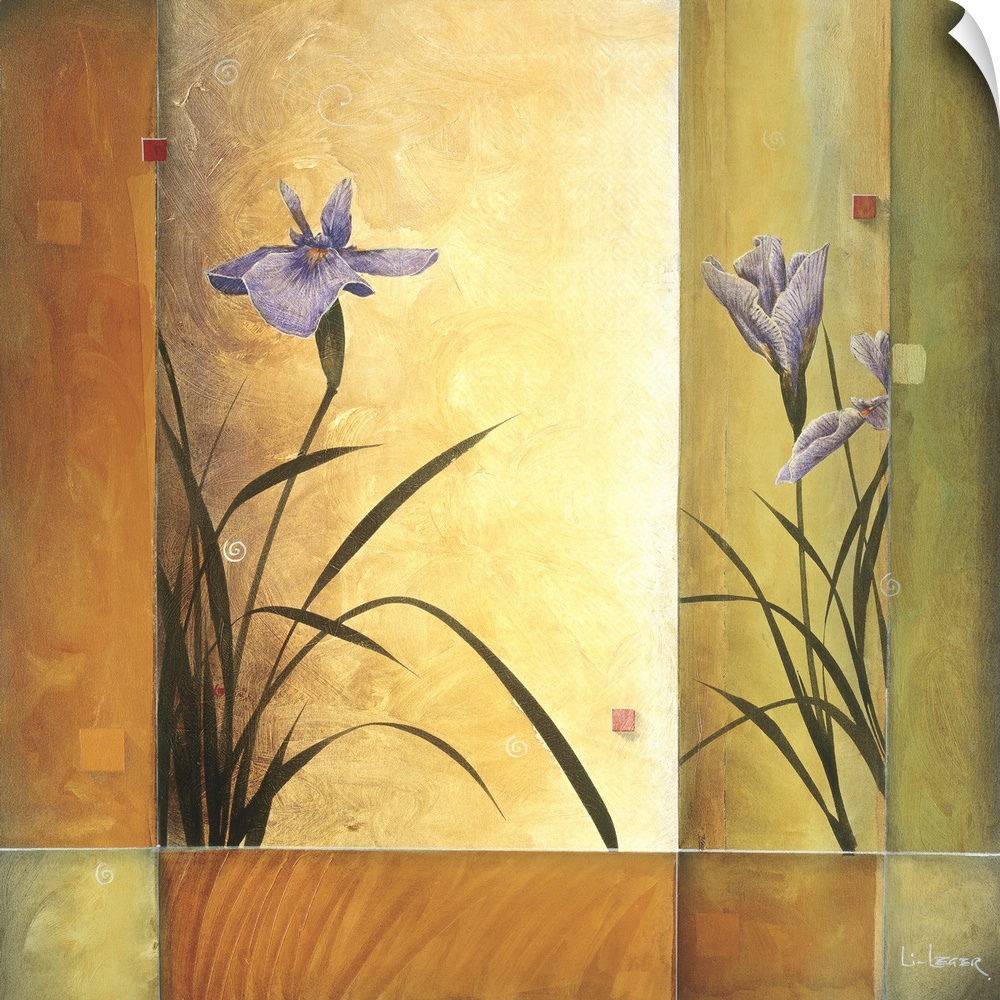 A contemporary painting of purple irises with a square grid design.