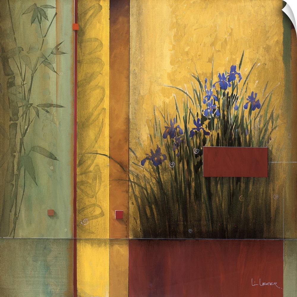 A contemporary Asian theme painting with irises and a square grid design.