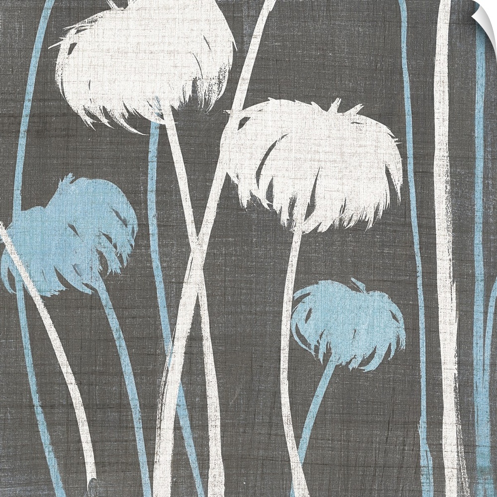 Square contemporary artwork of blue and white flowers against a gray linen style backdrop.