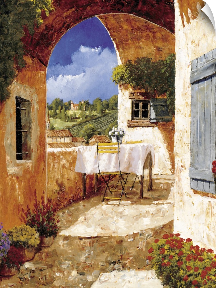 Contemporary artwork of a Tuscan villa on a sunny day.